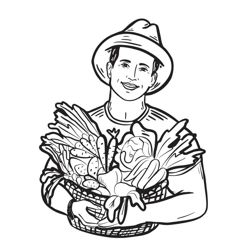 Farmer holding a basket of vegetables in his hands hand drawn sketch.Farming.Vector illustration. vector