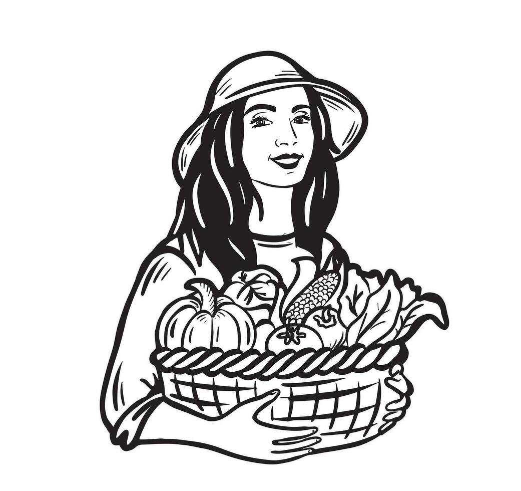 Farmer girl holding a basket of vegetables in her hands.Agriculture.Vector illustration. vector