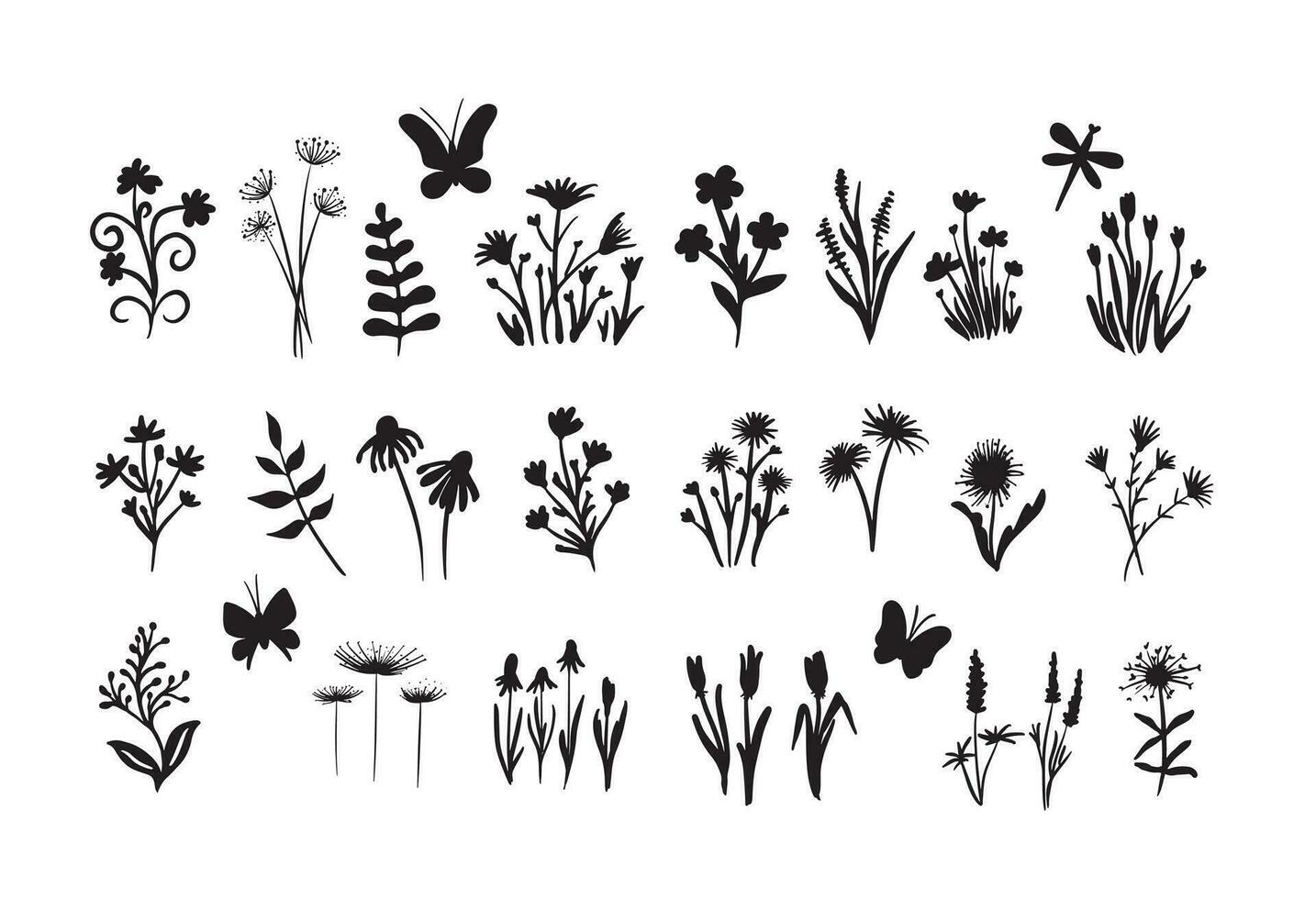 Hand drawn sketch of flowers and insects.Black silhouettes of herbs, flowers and herbs isolated on a white background.Vector illustration. vector