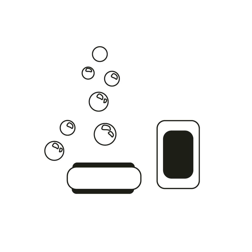 Black line Bar of soap icon isolated on white background. Soap bar with bubbles. Vector