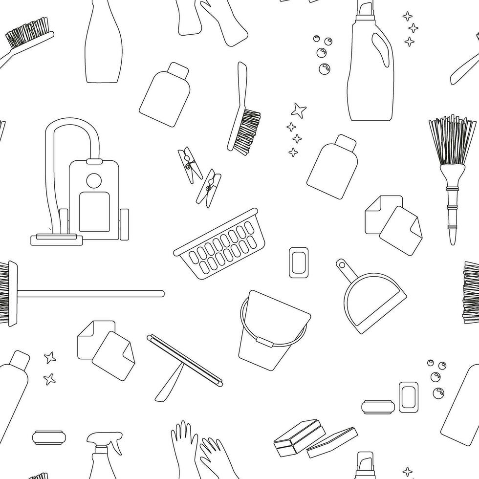 A seamless pattern with brushes and bottle spray for cleaning. White background. vector