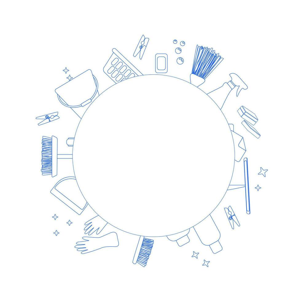 Set of vector elements for spring house cleaning arranged in a circle. Cleaning equipment set fron neon blue line.