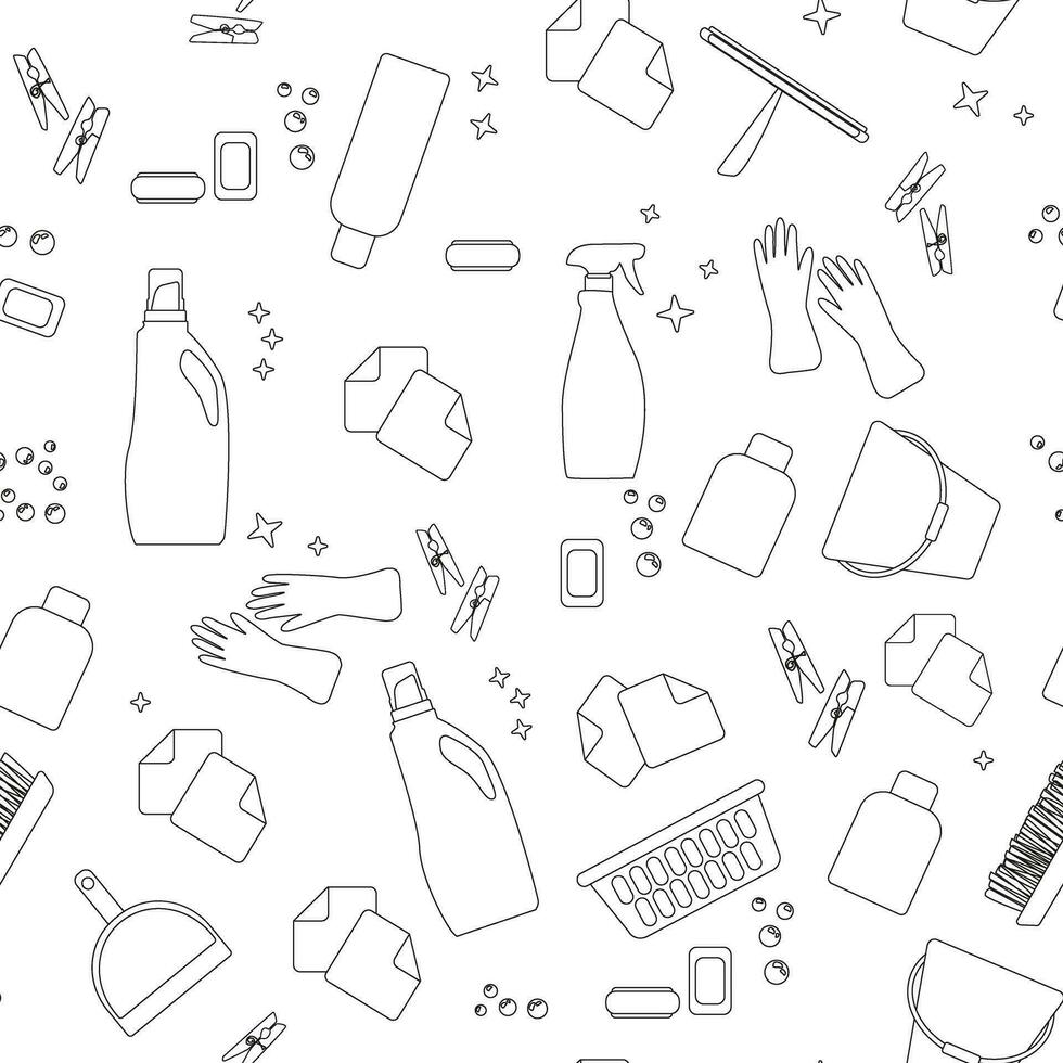 A seamless pattern with brushes and bottle spray for cleaning. White background. vector