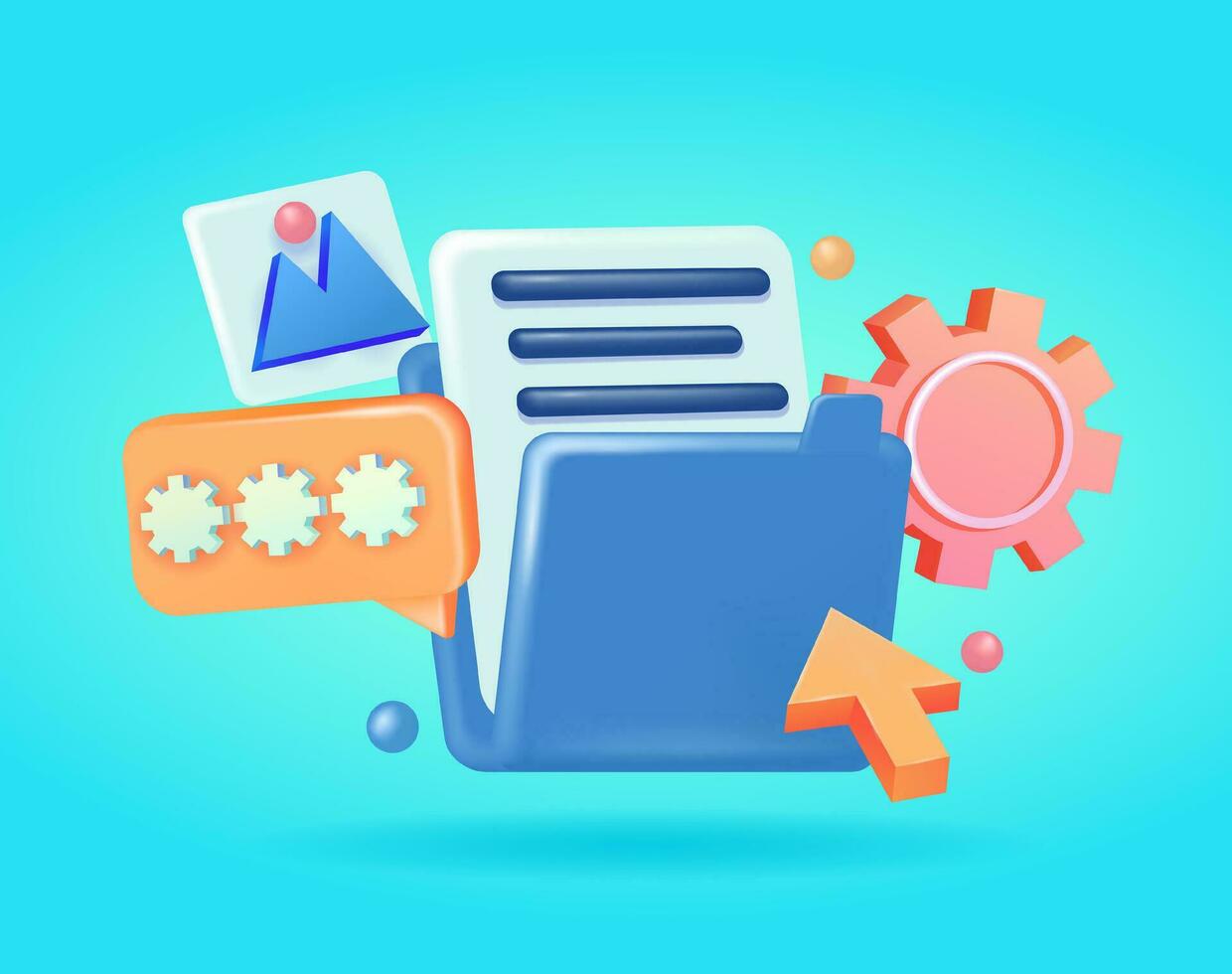 Document folder for images, multimedia management and system files on the project plan, with 3d vector password text balloon element. Suitable for design elements and websites