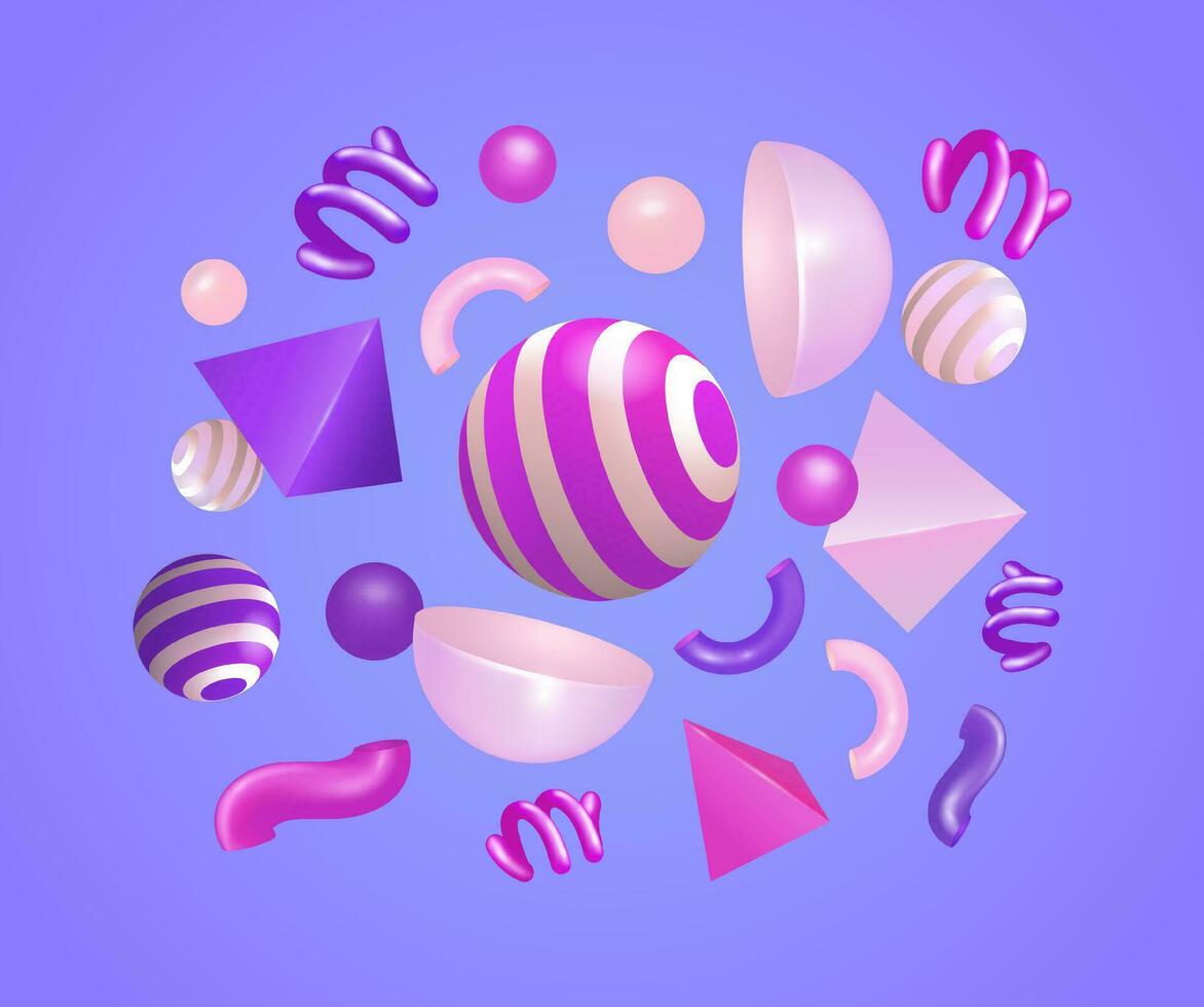 3d elements, pyramids, spheres and spirals in purple and pink. Suitable for backgrounds, websites and design elements vector