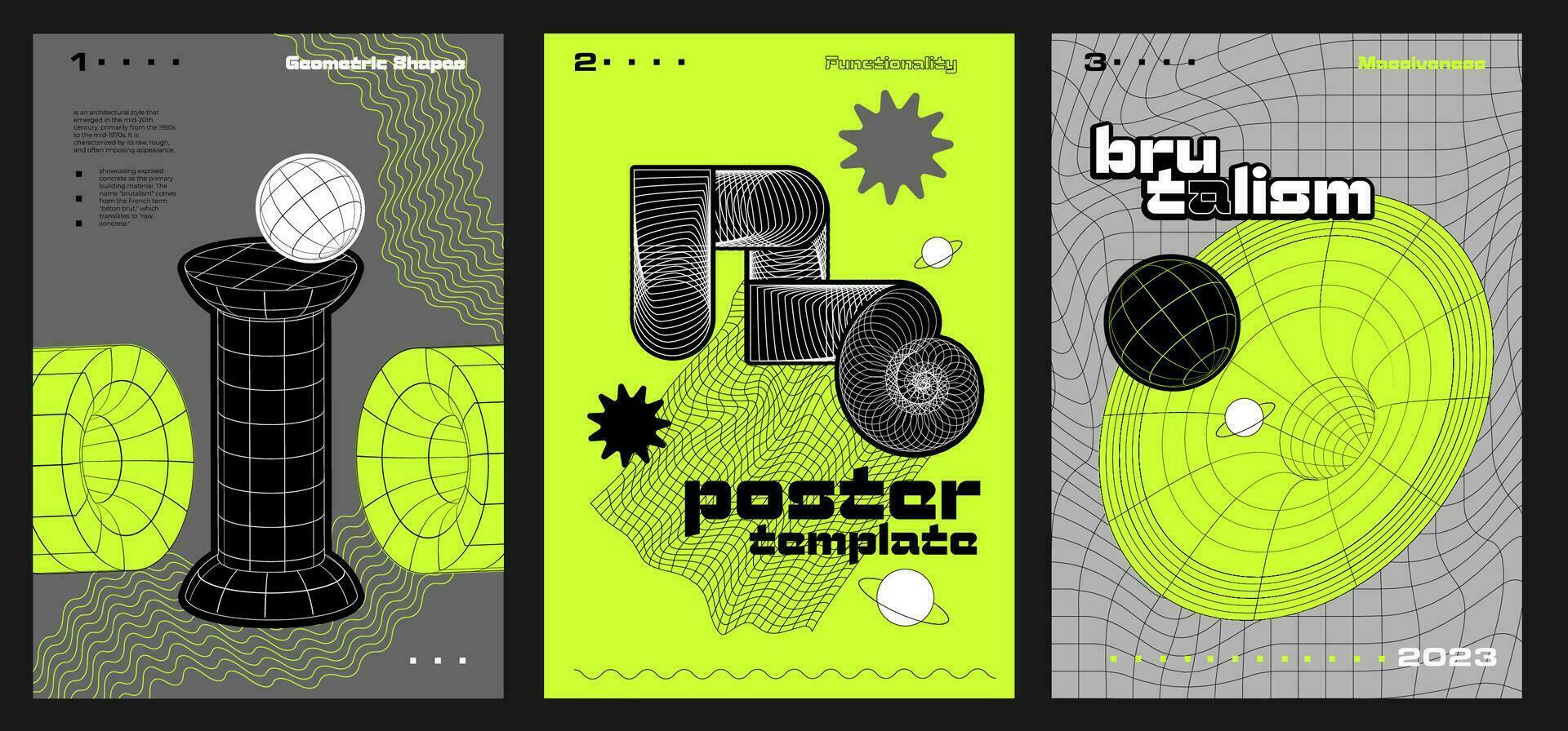 Set of a4 posters in brutalism style. Futuristic minimalistic retro vertical banners with strange wireframes graphic assets of brutalism geometrical wire mesh shapes. Vector illustration.
