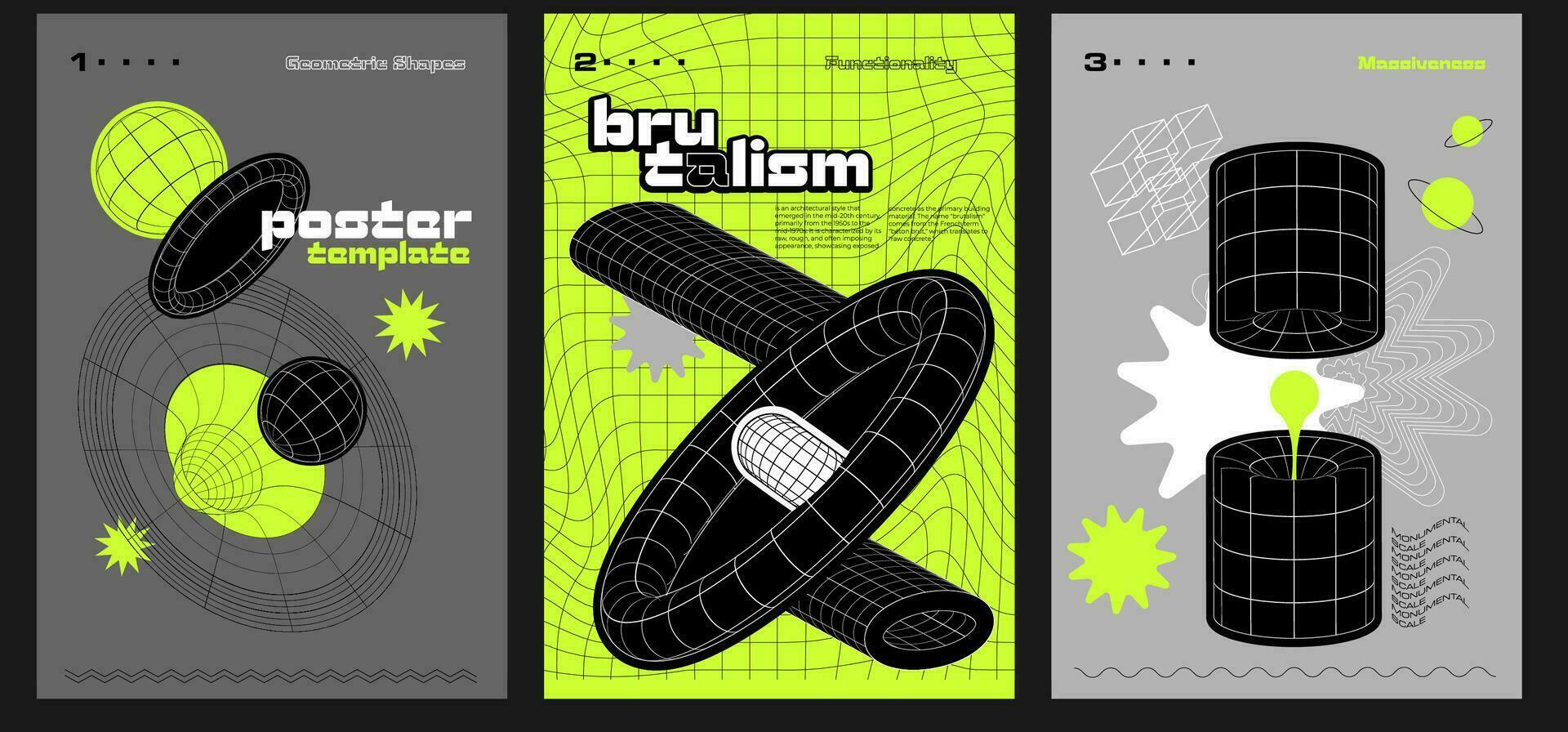 Set of a4 posters in brutalism style. Strange extraordinary graphic collages with wireframes of 3d geometrical shapes, Anti-design minimalistic hipster digital wire mesh collage, vector eps10