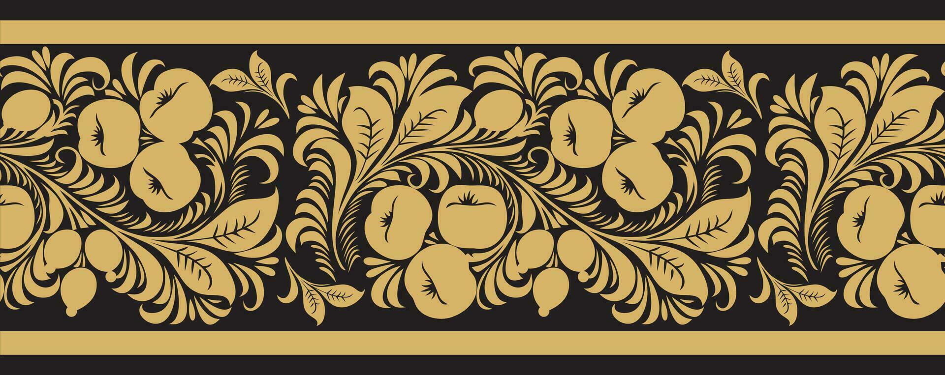 Vector gold seamless Russian folk ornament Khokhloma. National endless border, frame of Slavic peoples, Belarusians, Ukrainians