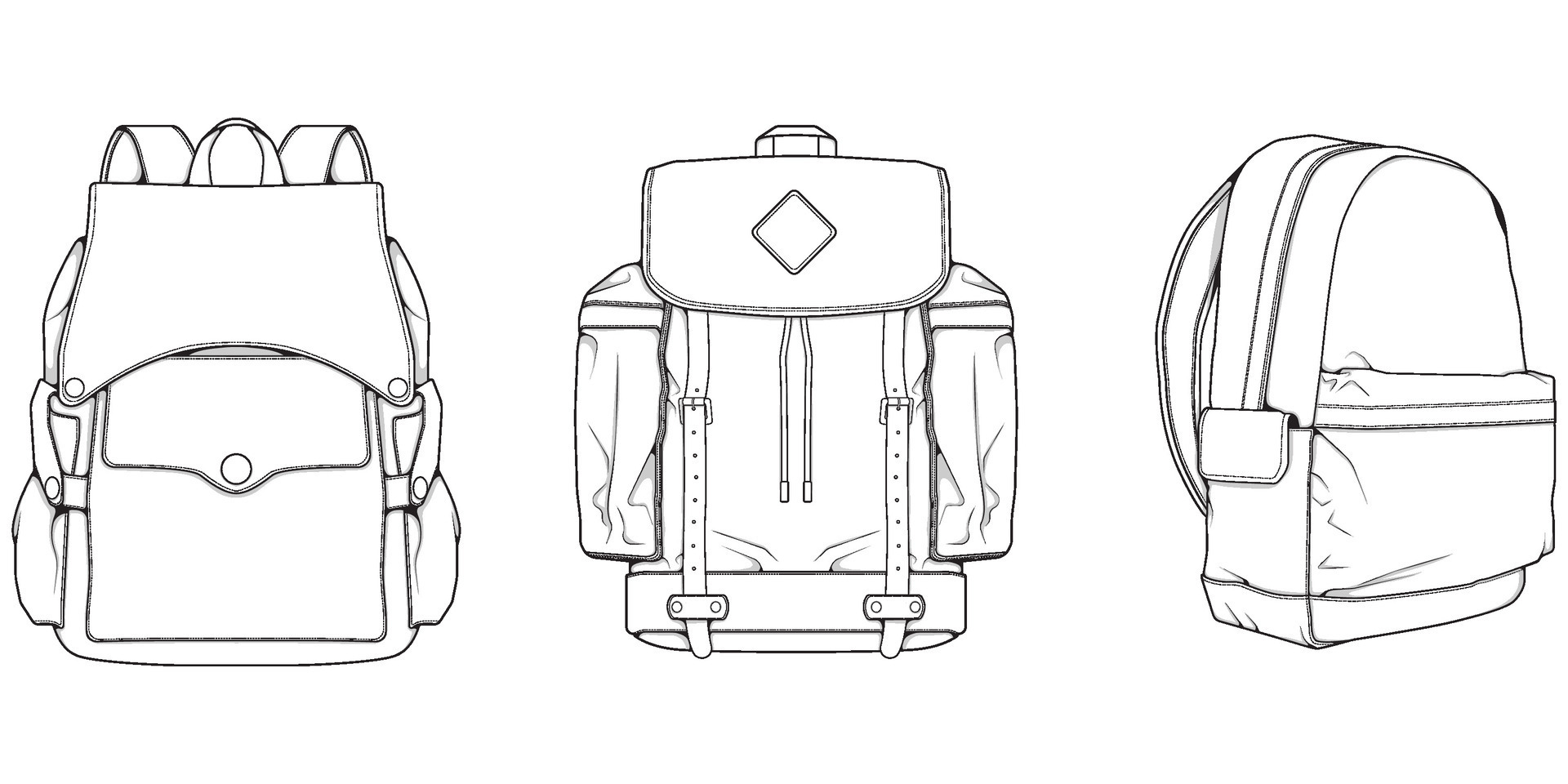 Hand drawn Vector Set of Backpacks. Cartoon Casual Backpack, cool