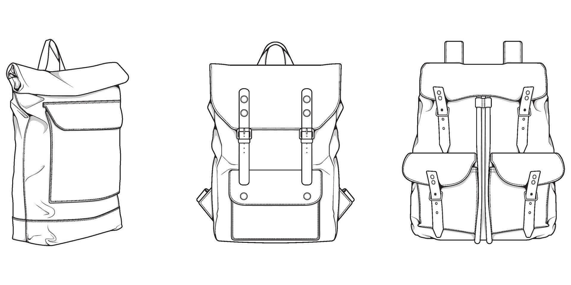 Hand drawn Vector Set of Backpacks. Cartoon Casual Backpack, cool