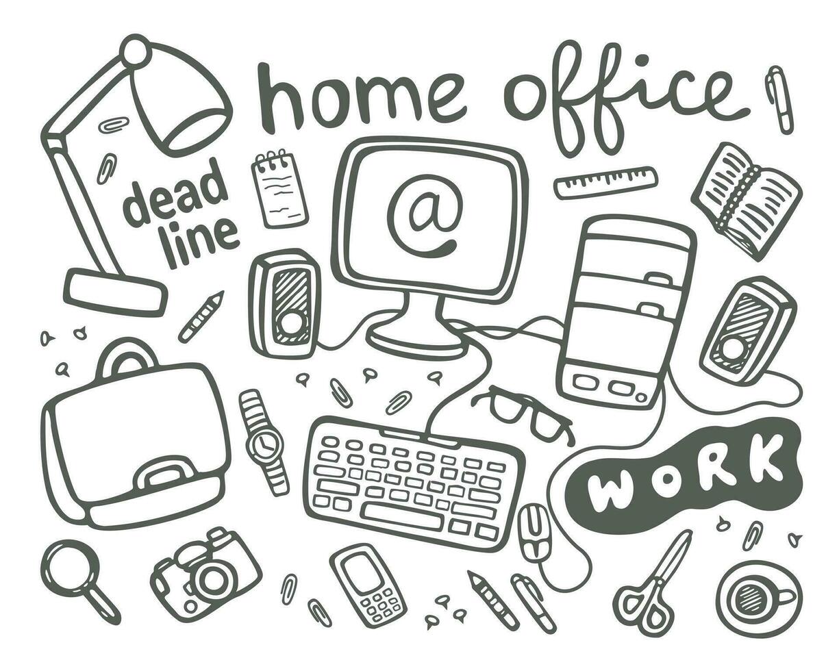 Workspace. Doodle set of stationery items. Home office. Vector isolated illustration