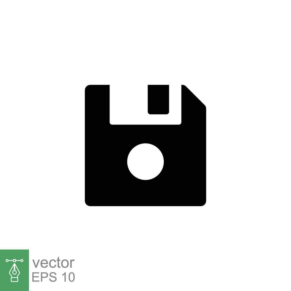 Floppy disk icon. Simple solid style. Save file button, computer memory backup, diskette, technology contact. Black silhouette, glyph symbol. Vector illustration isolated on white background. EPS 10.