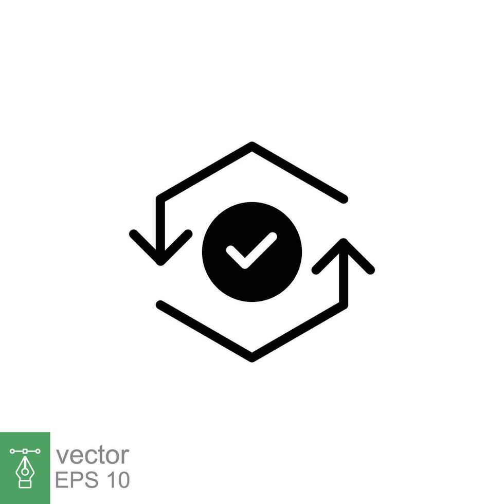 Checkmark like cash flow icon. Simple solid style. Easy payment, convenient, arrow cycle, automatic contact. Black silhouette, glyph symbol. Vector illustration isolated on white background. EPS 10.