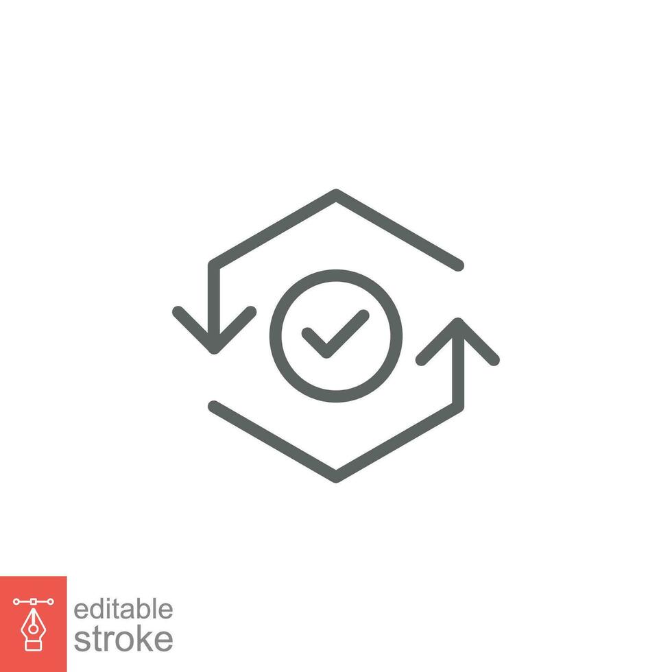Checkmark like cash flow icon. Simple outline style. Easy payment, convenient, arrow cycle, auto concept. Thin line symbol. Vector illustration isolated on white background. Editable stroke EPS 10.