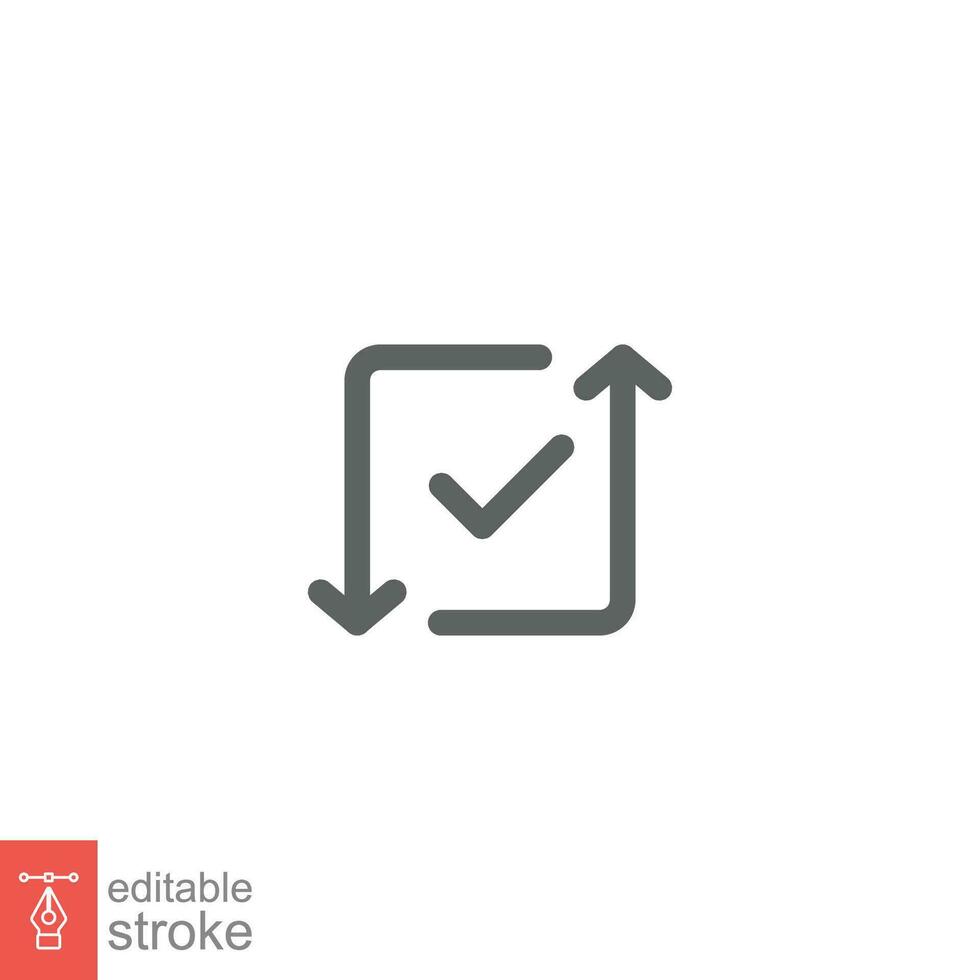 Checkmark like cash flow icon. Simple outline style. Easy payment, convenient, arrow cycle, auto concept. Thin line symbol. Vector illustration isolated on white background. Editable stroke EPS 10.