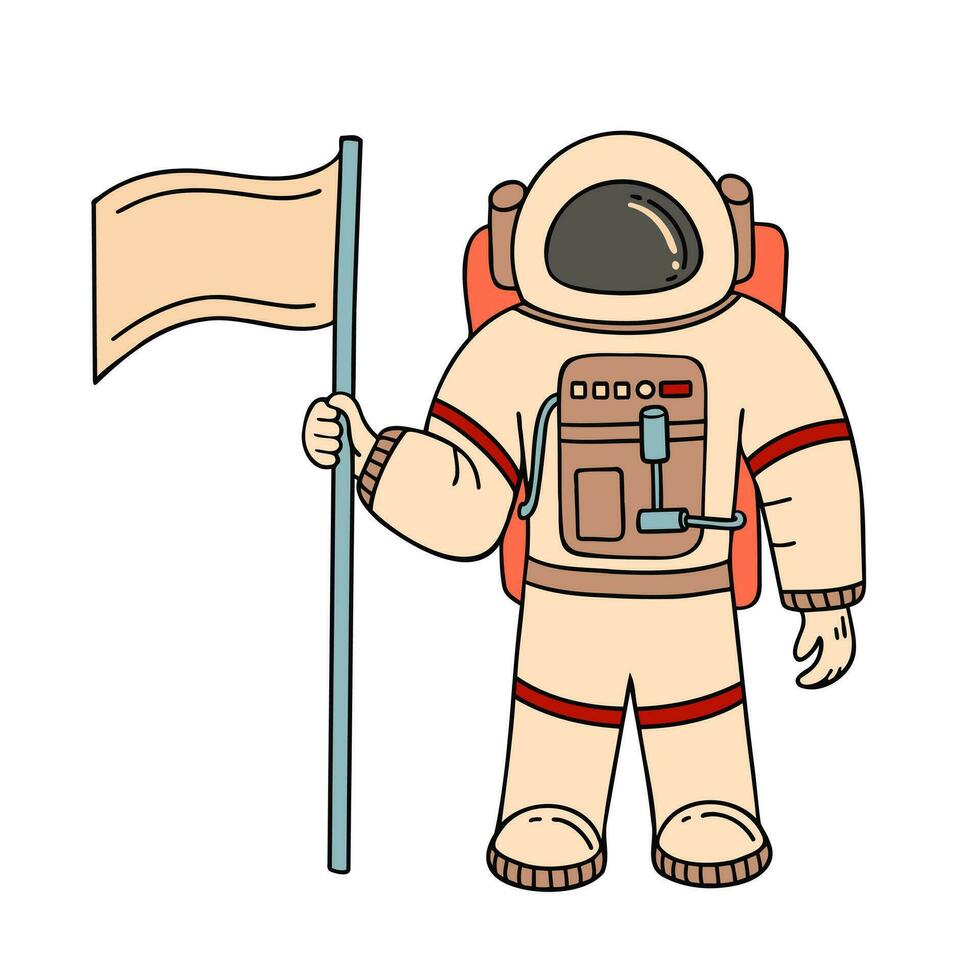 astronaut with flag. Illustration for printing, backgrounds, covers and packaging. Image can be used for greeting cards, posters, stickers and textile. Isolated on white background. vector