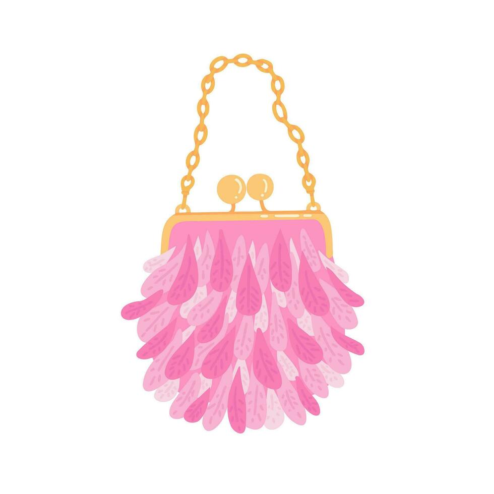 handbag, women bag with feathers. Illustration for printing, backgrounds, covers and packaging. Image can be used for greeting card, poster, sticker and textile. Isolated on white background. vector