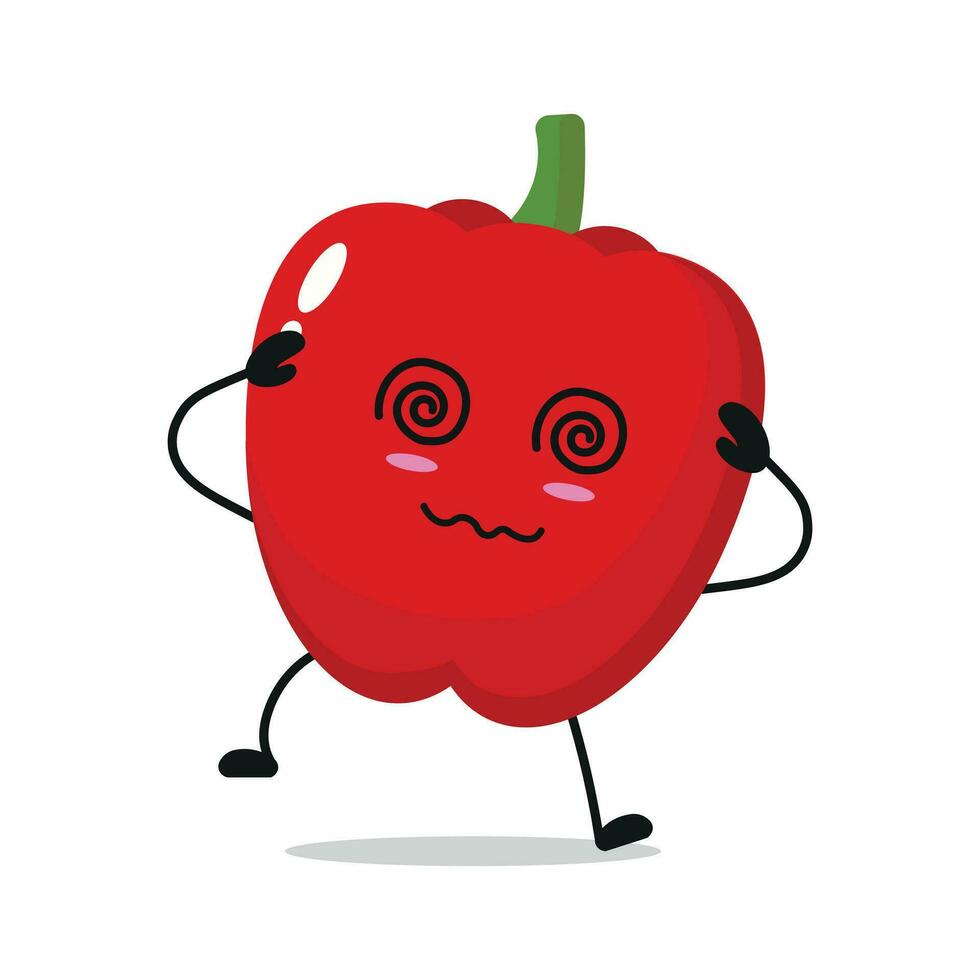 Cute dizzy red paprika character. Funny drunk paprika cartoon emoticon in flat style. vegetable emoji vector illustration