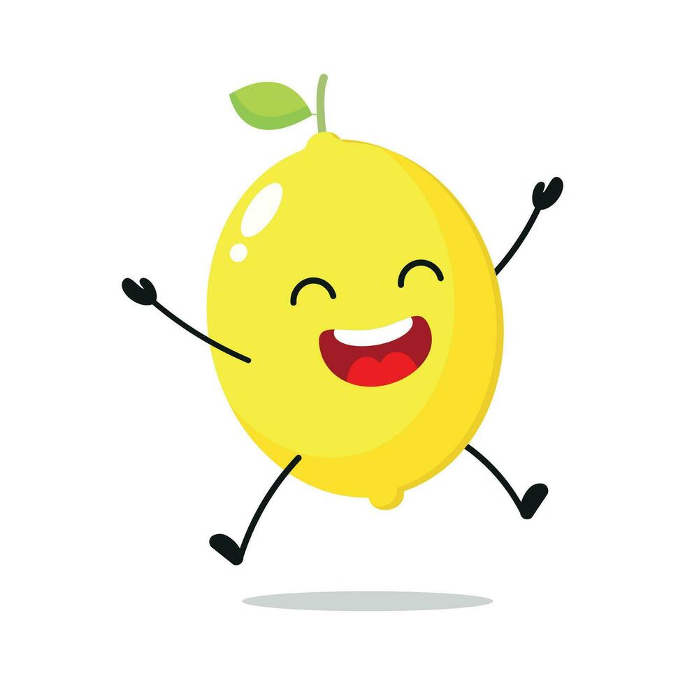 Cute happy lemon character. Funny jump lemon cartoon emoticon in flat style. Fruit emoji vector illustration