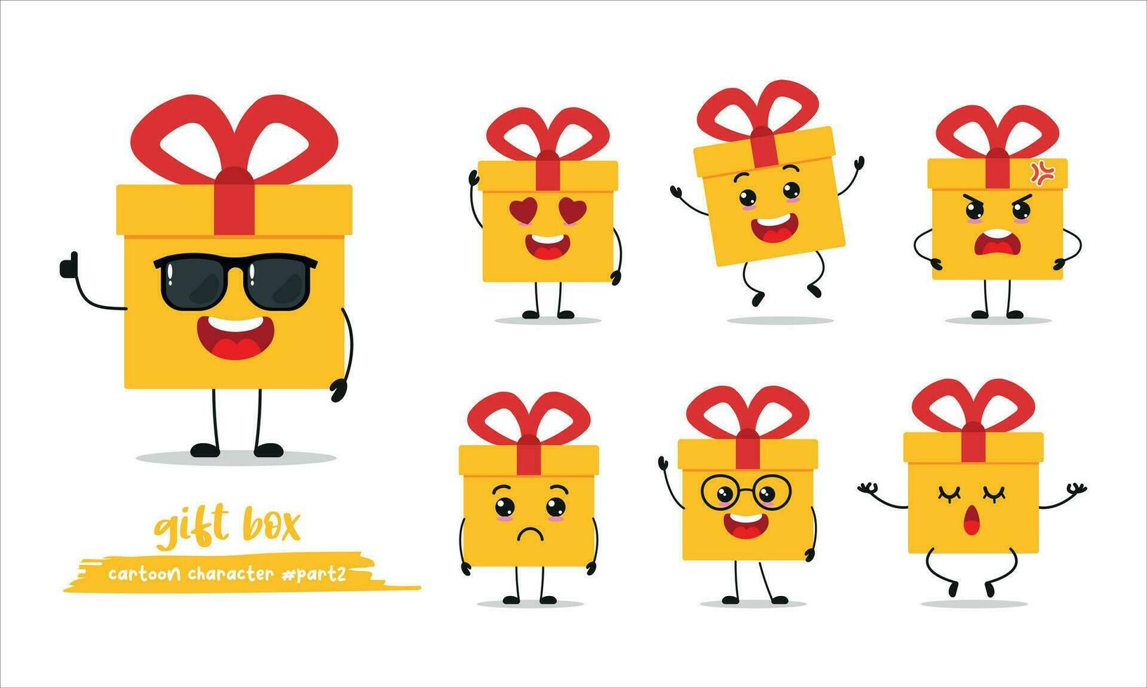 cute gift box cartoon with many expressions. different activity pose vector illustration flat design set with sunglasses.