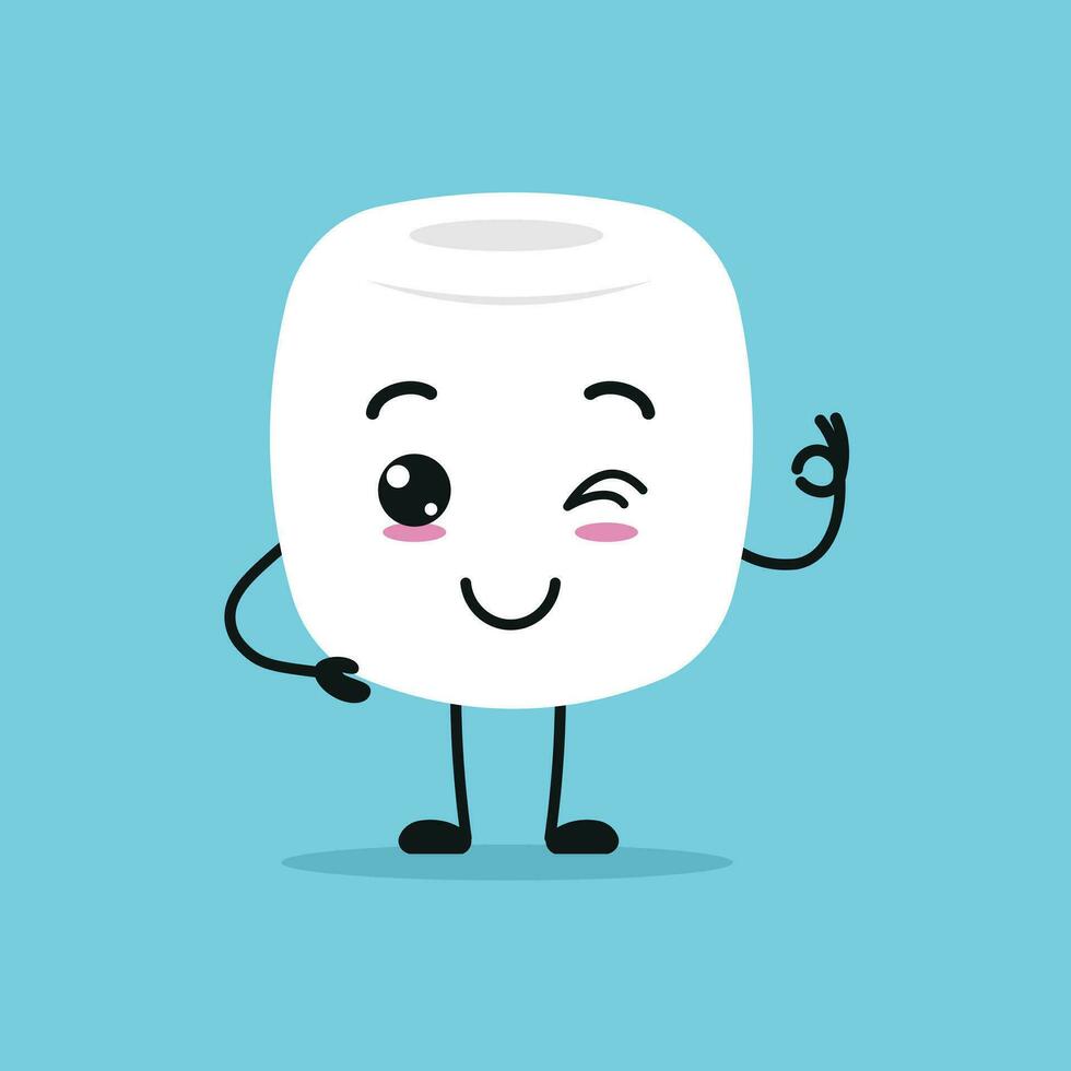 linda contento malvavisco personaje. gracioso sonriente y parpadeo malvavisco dibujos animados emoticon en plano estilo. dulce emoji vector ilustración