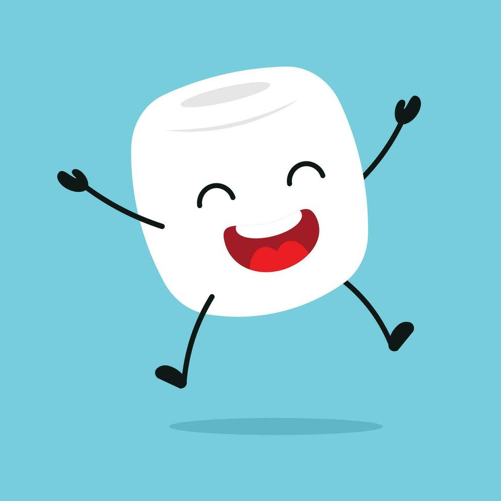 Cute happy marshmallow character. Funny jump marshmallow cartoon emoticon in flat style. sweet emoji vector illustration