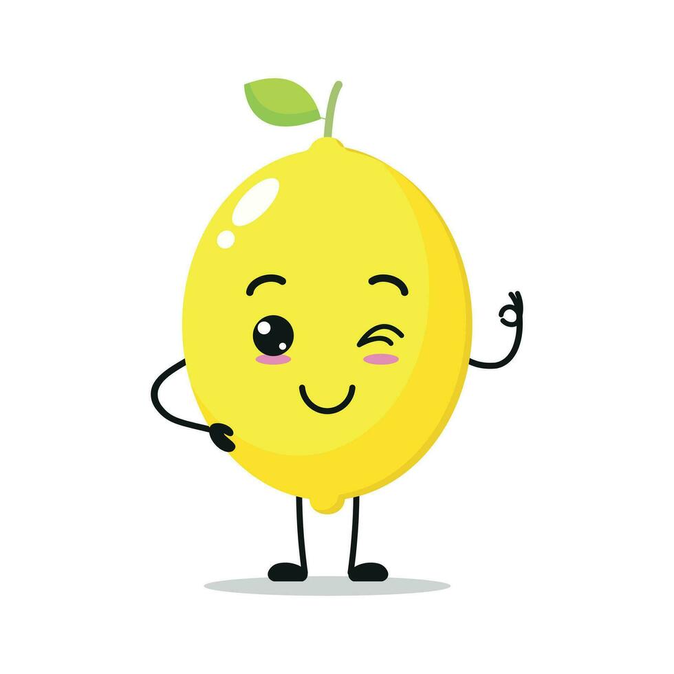 linda contento limón personaje. gracioso sonriente y parpadeo limón dibujos animados emoticon en plano estilo. Fruta emoji vector ilustración