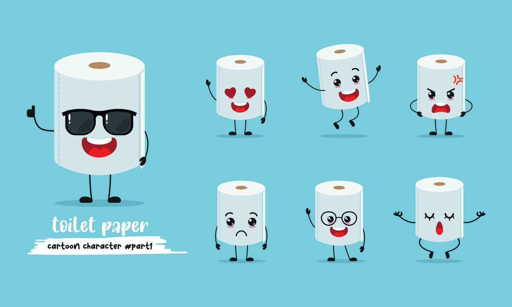 cute toilet paper cartoon with many expressions. different activity pose vector illustration flat design set with sunglasses.