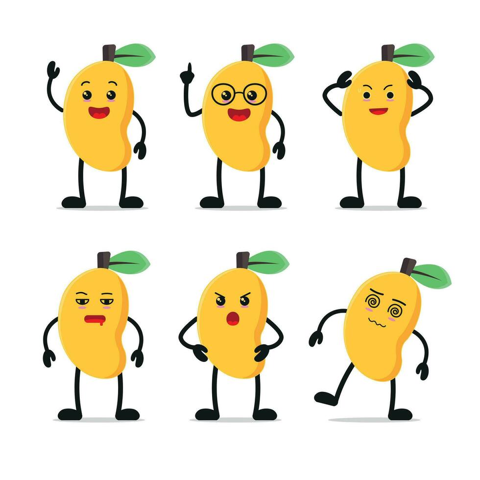 Cute happy mango character different pose activity. Fruit different face expression vector illustration set.