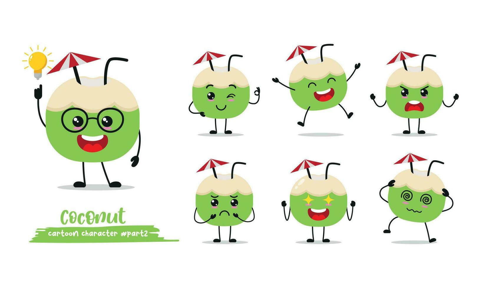 cute green coconut cartoon with many expressions. different activity pose vector illustration flat design set.