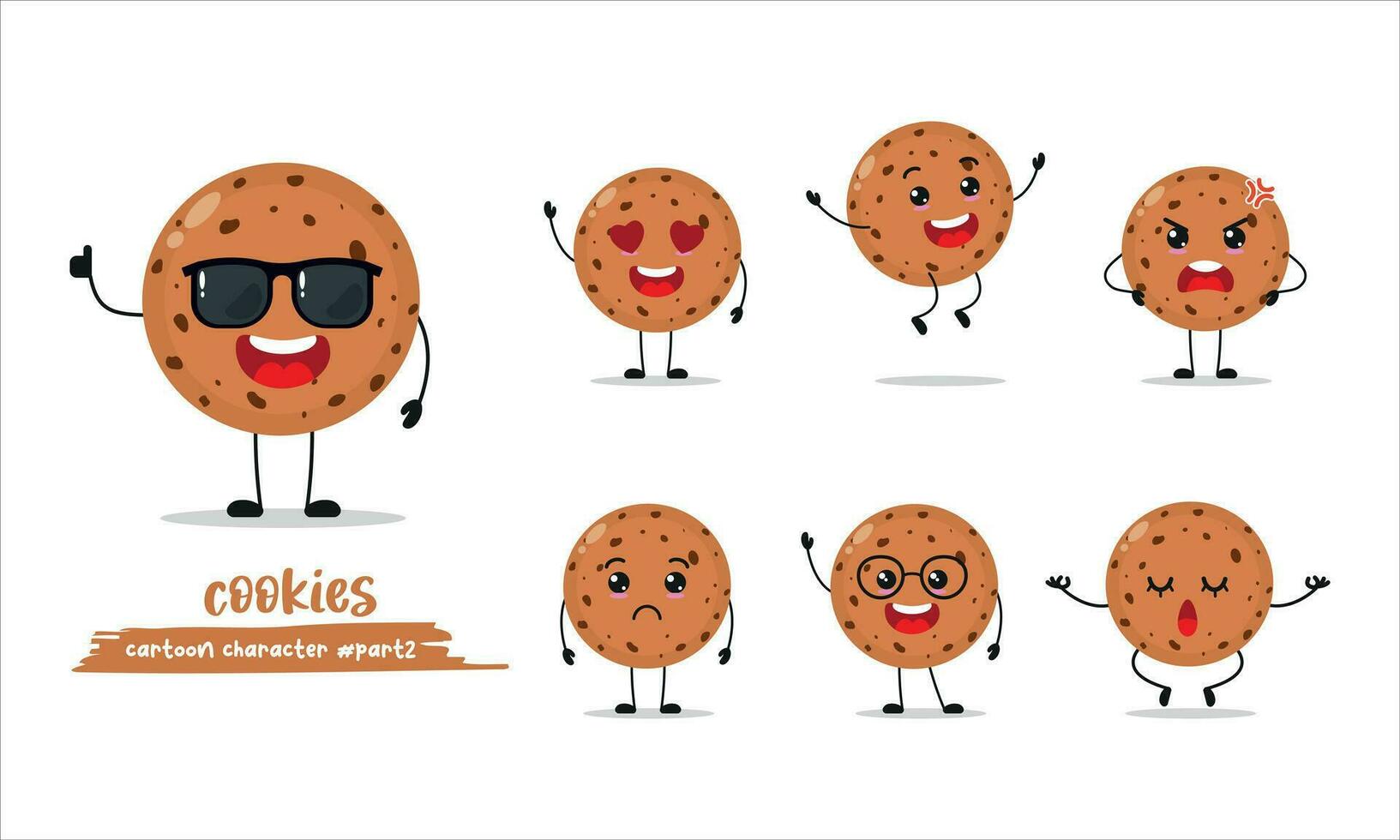 cute cookies cartoon with many expressions. different activity pose vector illustration flat design set with sunglasses.