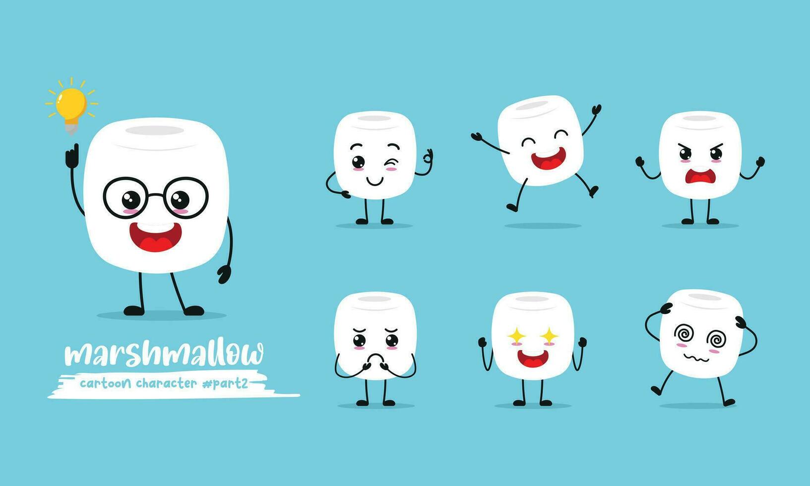 cute marshmallow cartoon with many expressions. different activity pose vector illustration flat design set.