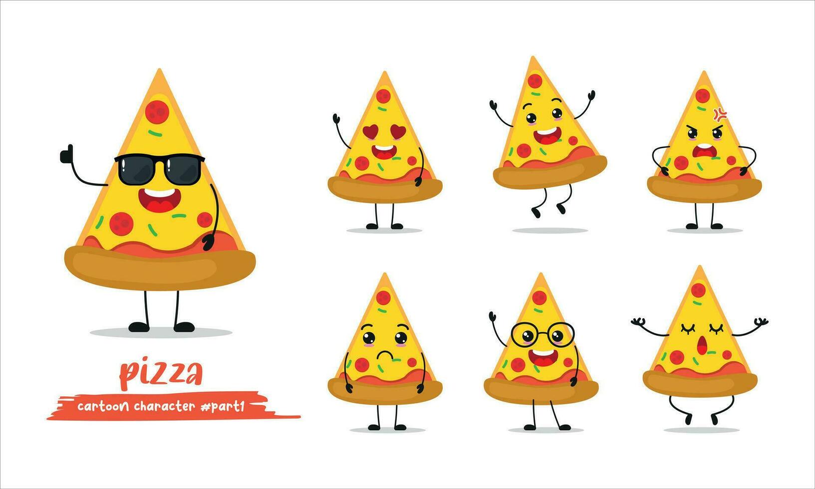 linda rebanada de Pizza dibujos animados con muchos expresiones diferente actividad actitud vector ilustración plano diseño conjunto con Gafas de sol.
