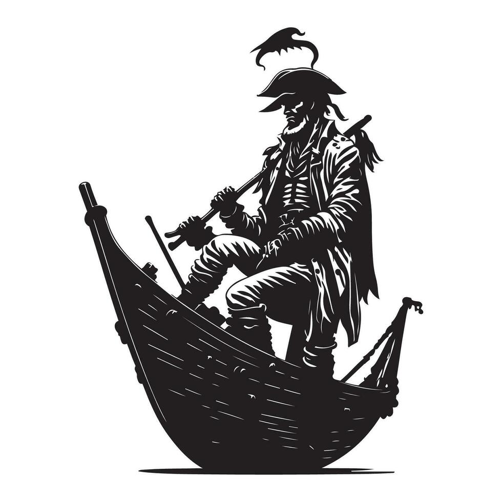 Pirate on ship, Captain on boat black outline vector illustration.