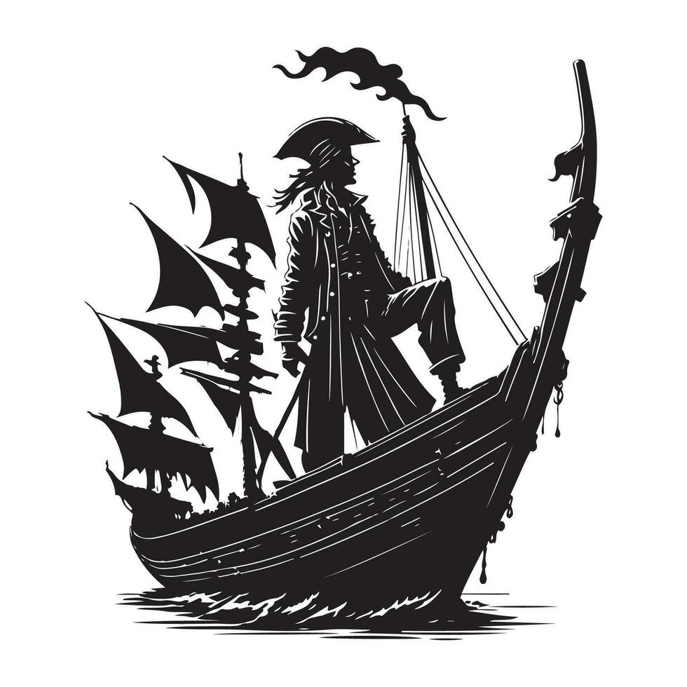 Pirate on ship, Captain on boat black outline vector illustration.