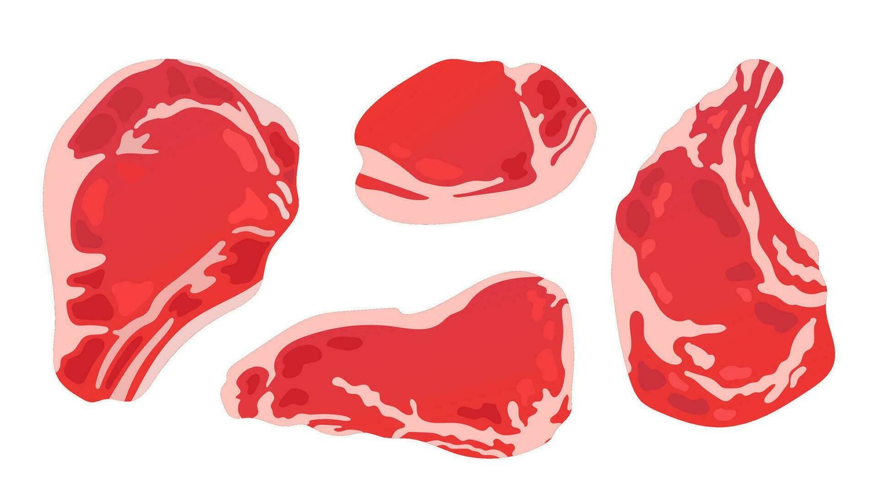 Meat set. Steak icons set in cartoon style. Meat set collection. Meal shop or beef portions vector illustration.