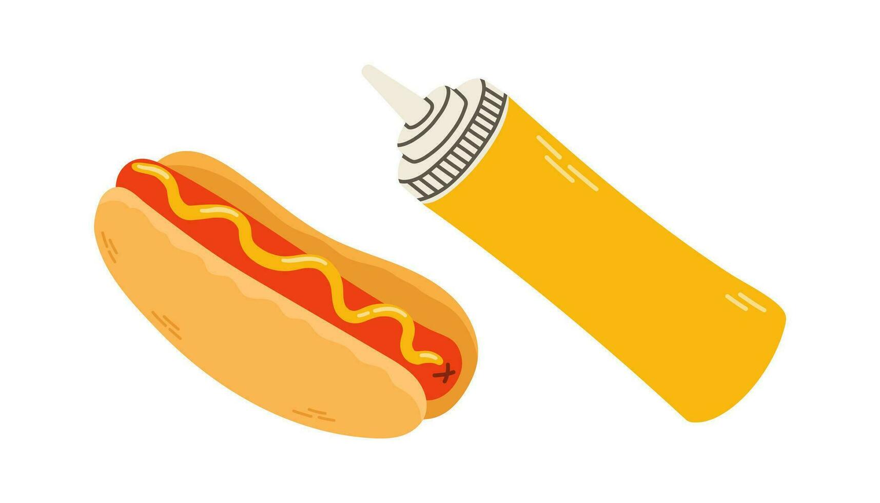 Hot dog and bottle of mustard. Vector isolated flat illustration fast food for poster, menus, brochure, web and icon fastfood. Vector illustration