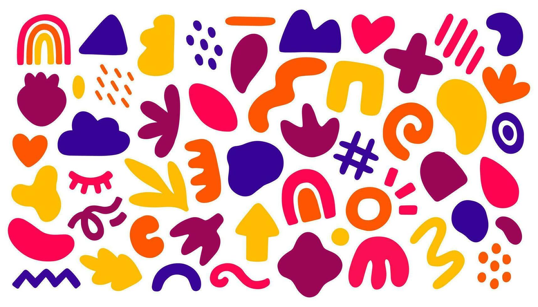 Big set of colorful hand painted various shapes, curls, forms, brush strokes and doodle objects. Abstract modern minimalist trendy vector illustration.