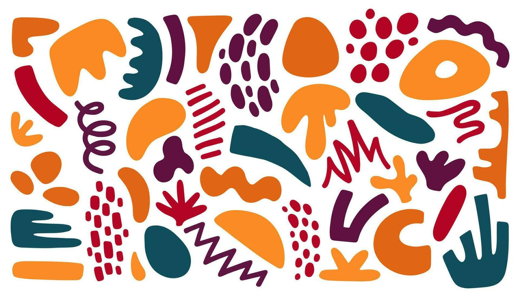 Big set of colorful hand painted various shapes, curls, forms, brush strokes and doodle objects. Abstract modern minimalist trendy vector illustration.