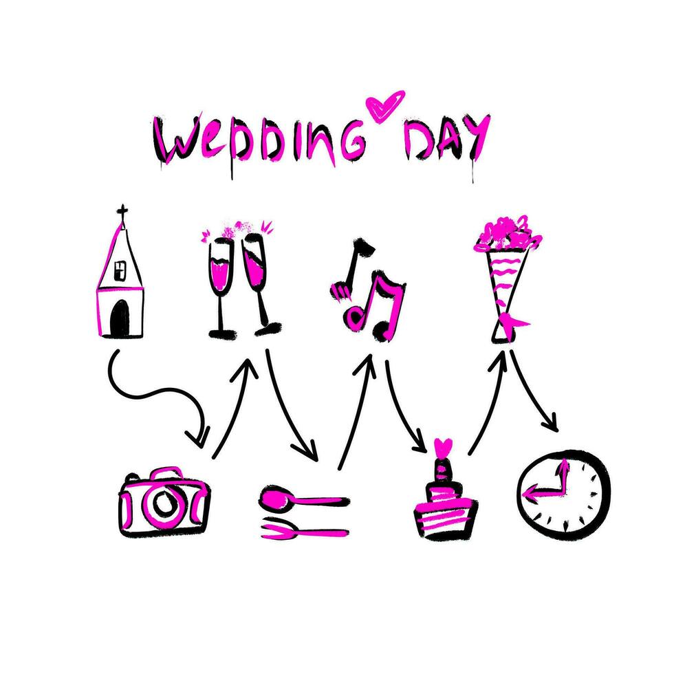 Timeline menu on wedding theme drawing. Rock n roll style. vector