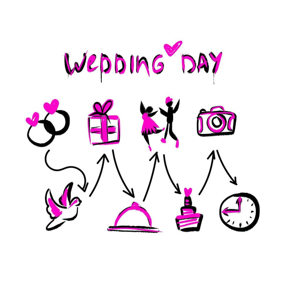 Timeline menu on wedding theme drawing. Rock n roll style. vector