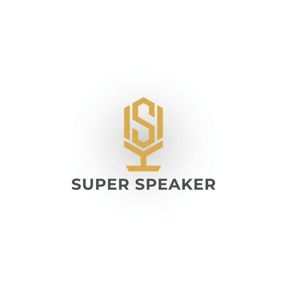 Abstract the initial letter S or SS in gold color isolated on white background. Super speaker podcast logo with microphone and letter S design for your podcast or radio channel vector illustration