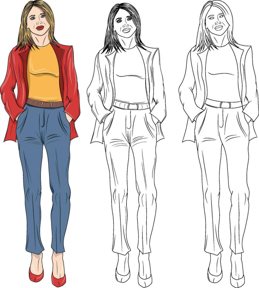 Hand Drawn Standing Woman Wearing Red Suit Jacket vector