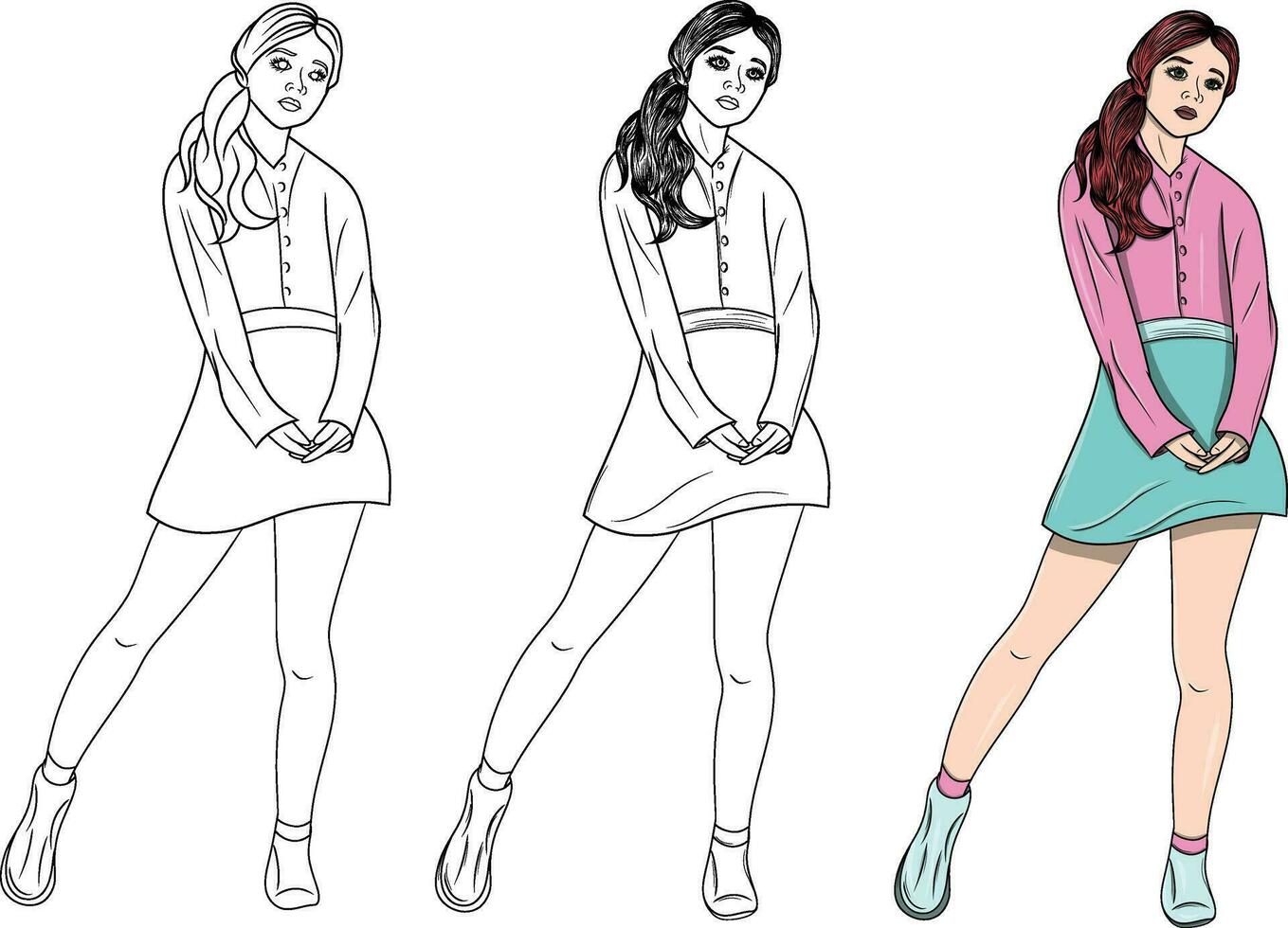 Cute Standing Hand Drawn Lady Collection vector