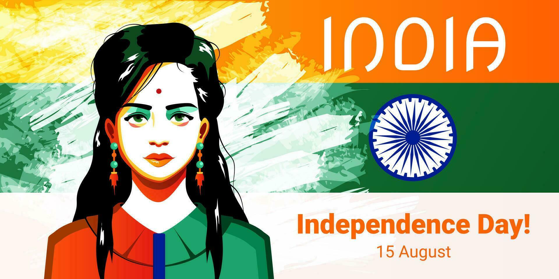 India Independence Day celebration banner with beautiful indian woman, text and paint decoration, 15 August Day celebration of Independence of India. vector