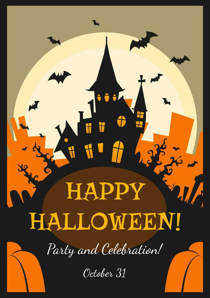 Halloween party poster, vector celebration banner, greeting, invitation with Halloween holiday with creepy house silhouette, graves, pumpkins, moon and bats around.