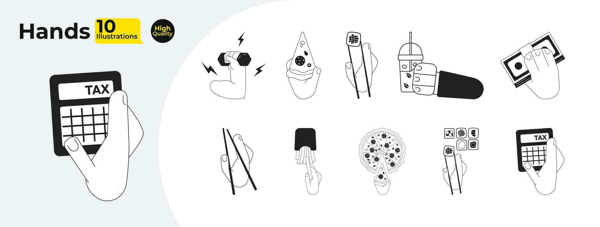 Hands hold things monochrome flat vector objects bundle. Many hands with food, money. Editable black and white thin line icon. Simple cartoon clip art spot illustration for web graphic design