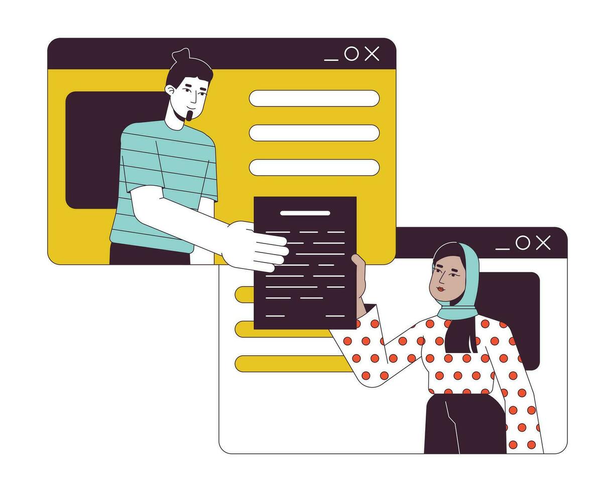 Man hands over document to woman flat line concept vector spot illustration. Freelancers in browser window 2D cartoon outline character on white for web UI design. Editable isolated color hero image