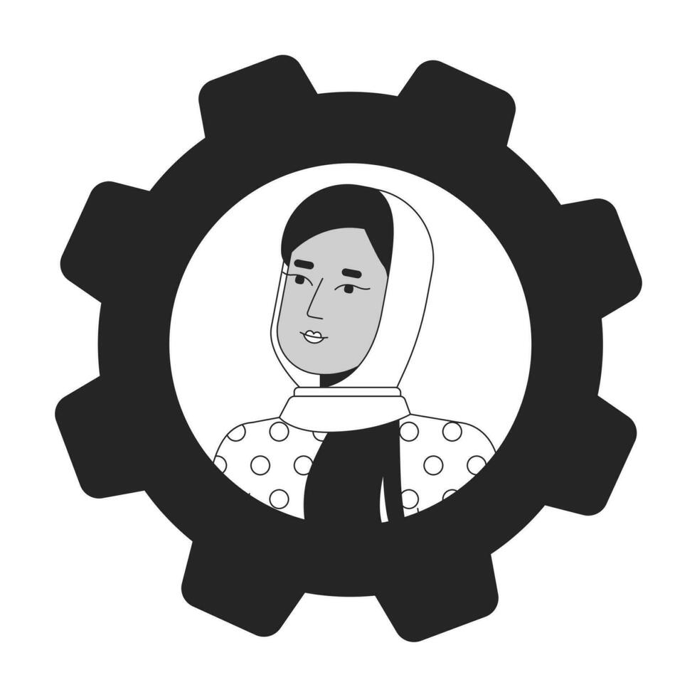 Female office worker in hijab black white cartoon avatar icon. Editable 2D character user portrait, linear flat illustration. Vector face profile cog gear. Outline person head and shoulders