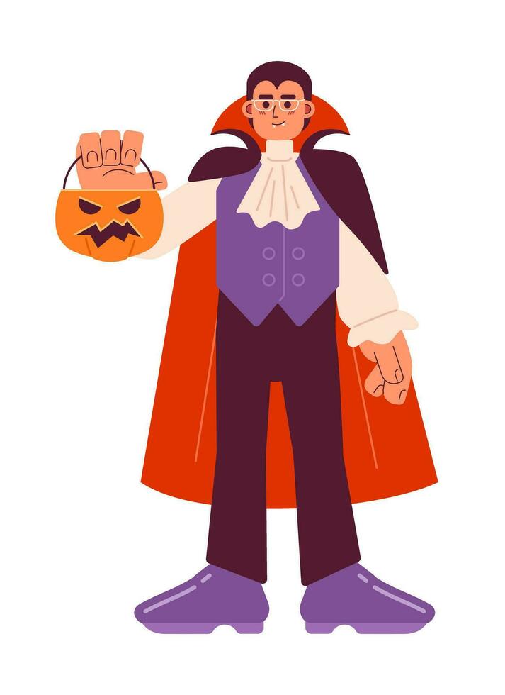 Male vampire with candy bucket flat concept vector spot illustration. Halloween party adult 2D cartoon character on white for web UI design. Asking for candies isolated editable creative hero image